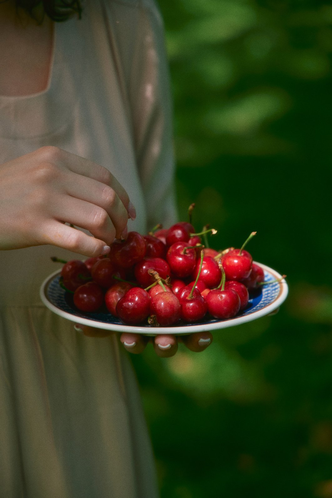 Woman Holding Fresh Cherries on a Plate